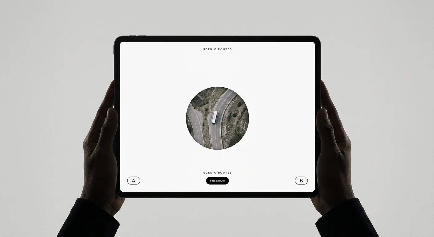 Hochgehaltenes Tablet mit einer Routensuche für Busreisen